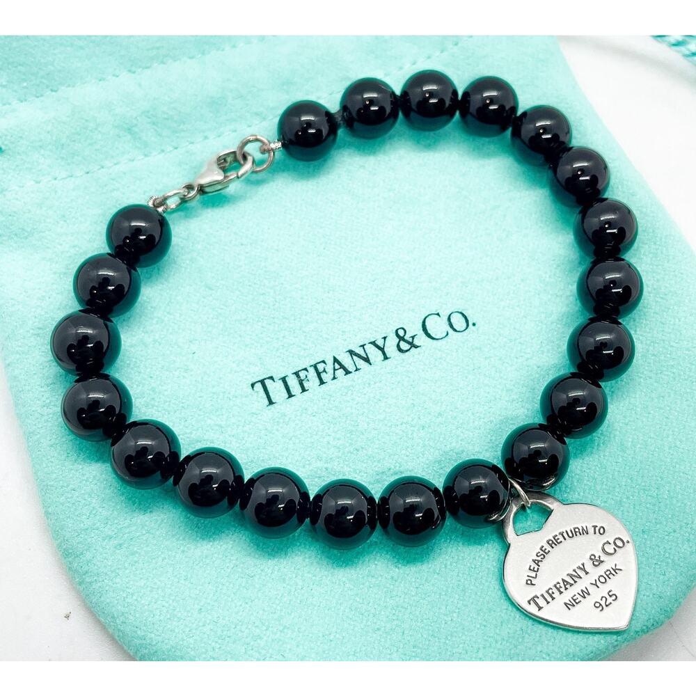 Tiffany & Co. Return Heart Charm 8mm Black Onyx Bead Bracelet 7.25" ENGRAVED